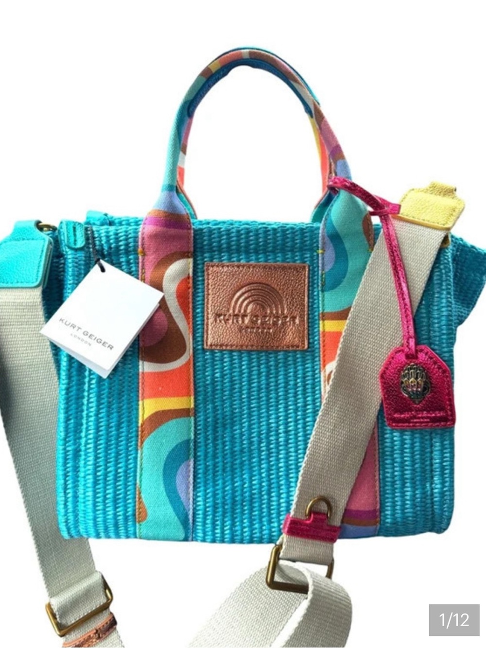 Kurt Geiger Turquoise Woven Tote with Multicolor Handles